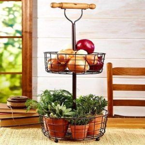 New 2 Tier standing basket w/wood handle